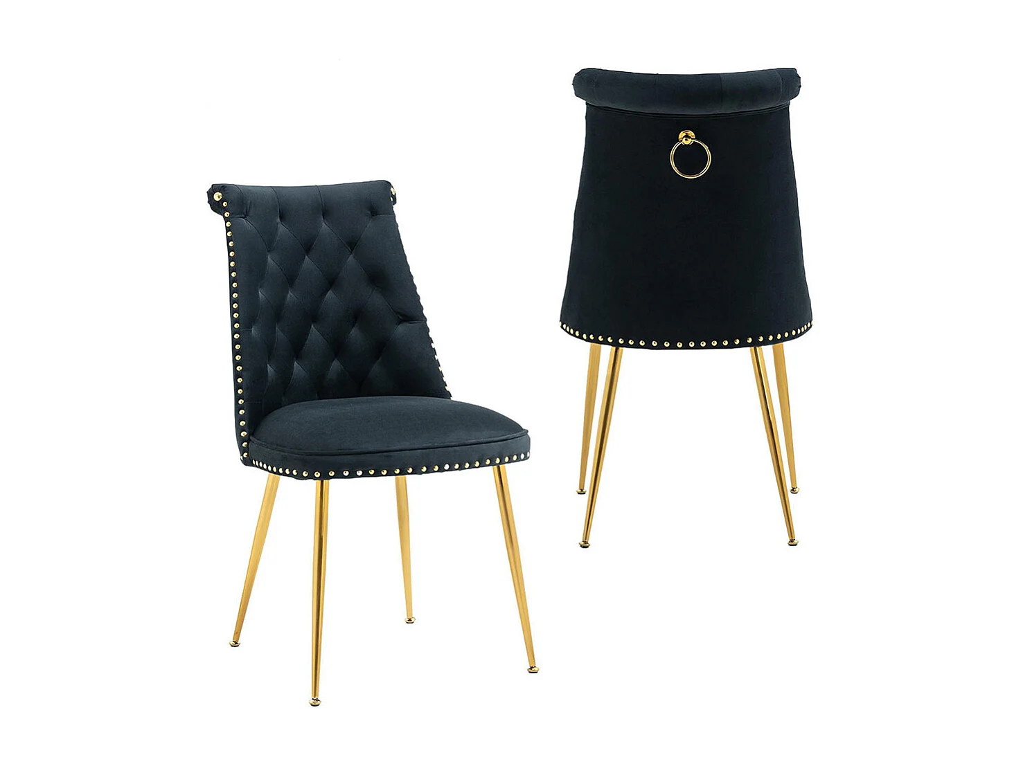 Chaises modernes lot de 2 en velours doux avec assise et dossier noir pieds en métal doré