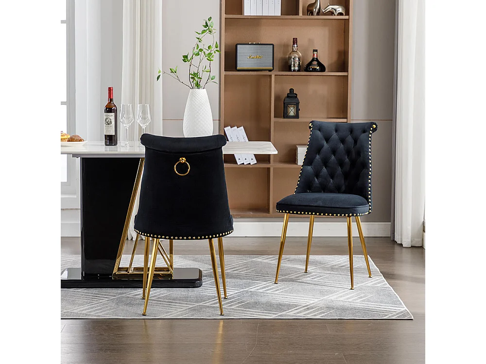 Chaises modernes lot de 2 en velours doux avec assise et dossier noir pieds en métal doré