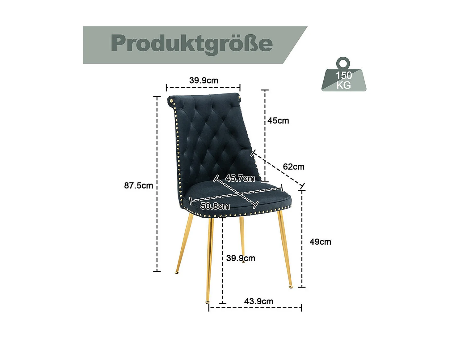 Chaises modernes lot de 2 en velours doux avec assise et dossier noir pieds en métal doré