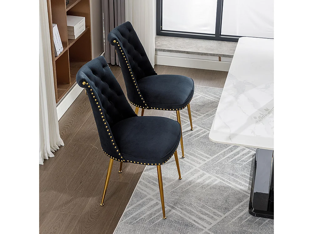 Chaises modernes lot de 2 en velours doux avec assise et dossier noir pieds en métal doré