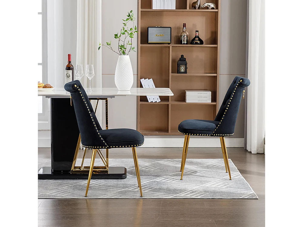 Chaises modernes lot de 2 en velours doux avec assise et dossier noir pieds en métal doré