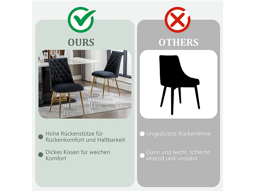 Chaises modernes lot de 2 en velours doux avec assise et dossier noir pieds en métal doré