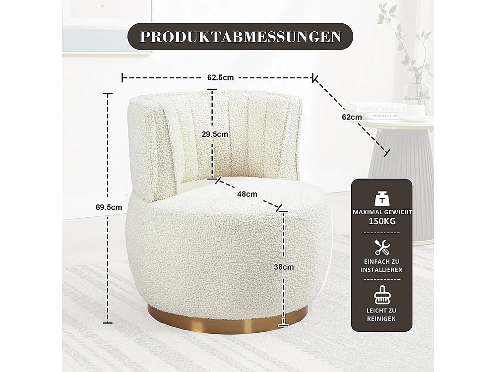 Chaise pivotante à 360 degrés ronde finition en velours doux dossier confortable structure solide blanc