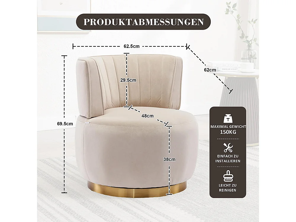 Chaise pivotante à 360 degrés ronde finition en velours doux dossier confortable structure solide beige