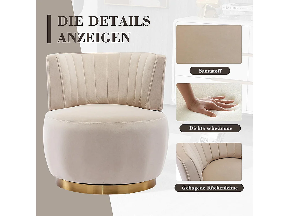 Chaise pivotante à 360 degrés ronde finition en velours doux dossier confortable structure solide beige