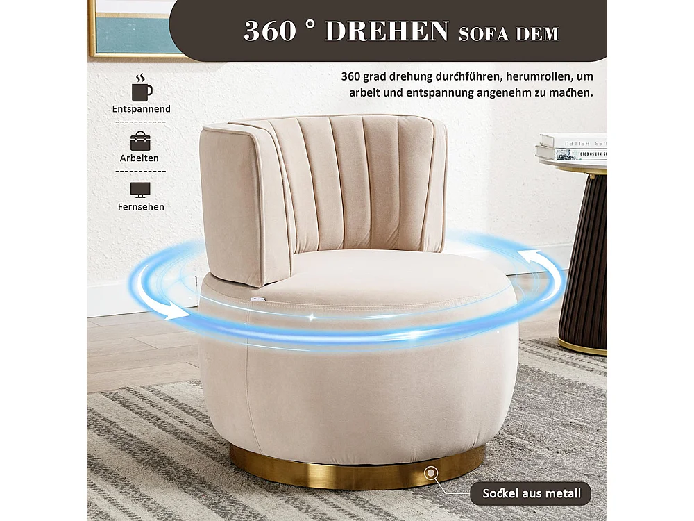Chaise pivotante à 360 degrés ronde finition en velours doux dossier confortable structure solide beige