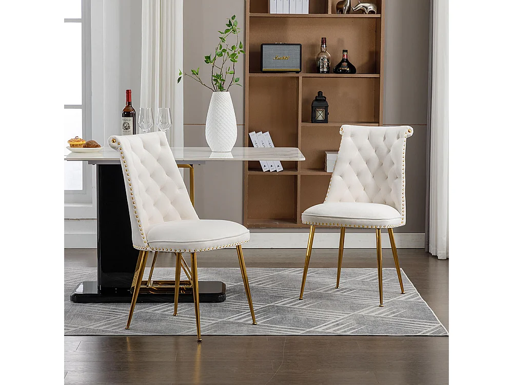 Chaises modernes lot de 2 en velours doux avec assise et dossier beige pieds en métal doré