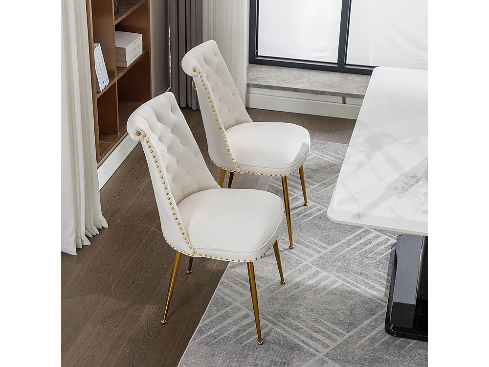 Chaises modernes lot de 2 en velours doux avec assise et dossier beige pieds en métal doré