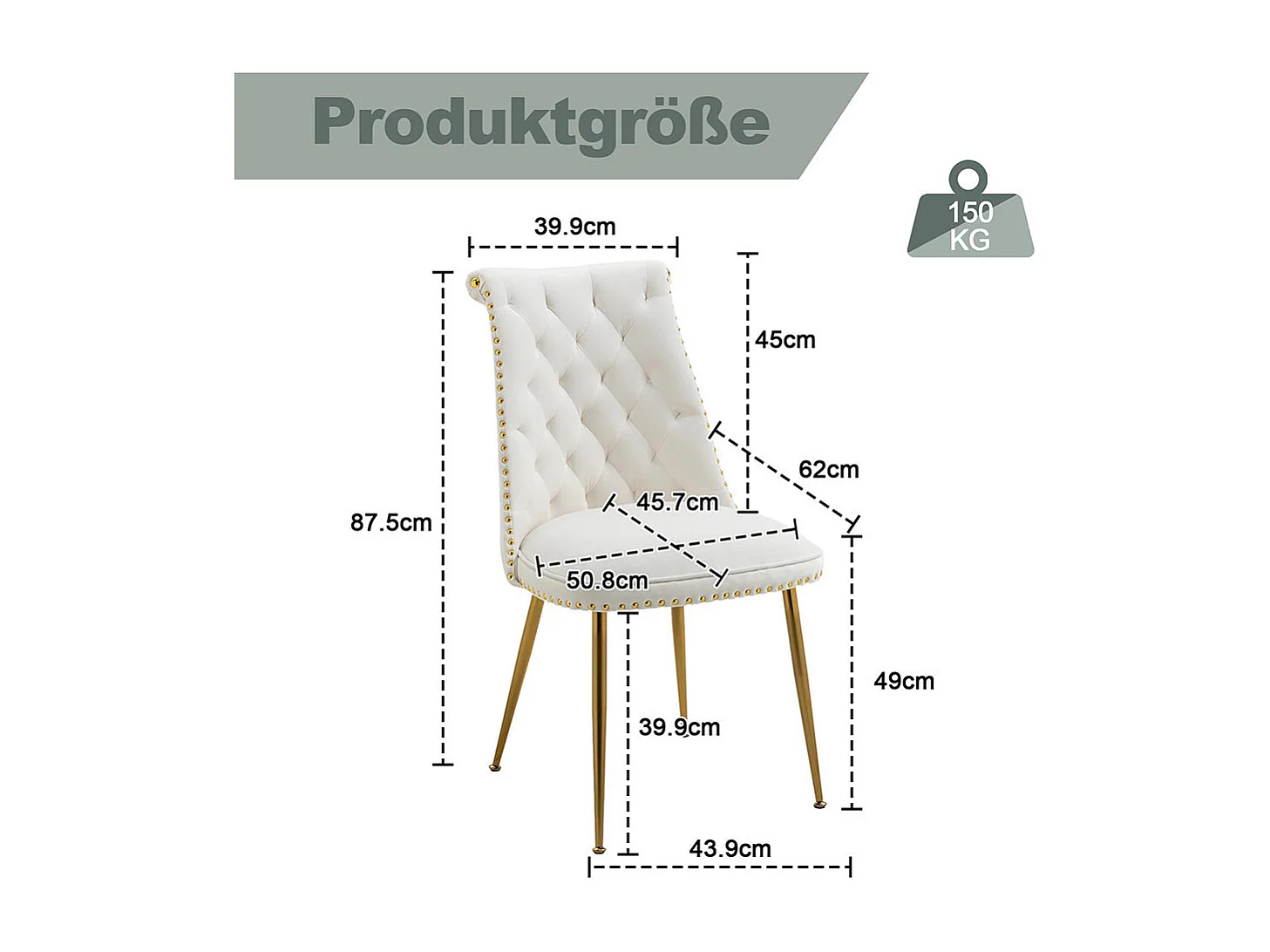 Chaises modernes lot de 2 en velours doux avec assise et dossier beige pieds en métal doré