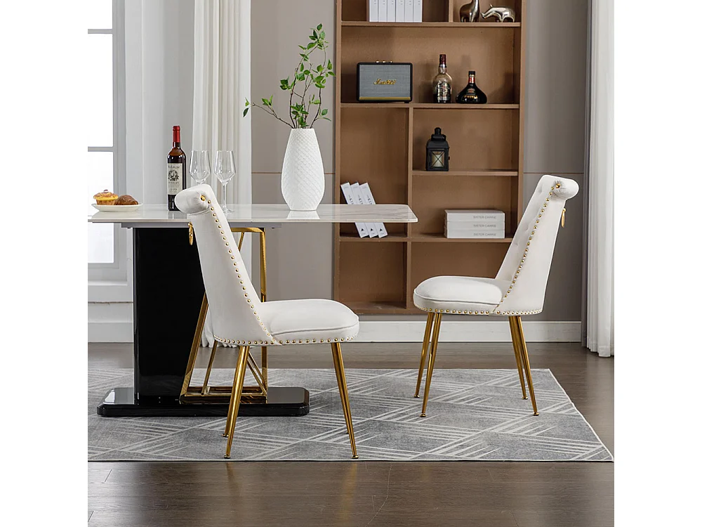 Chaises modernes lot de 2 en velours doux avec assise et dossier beige pieds en métal doré