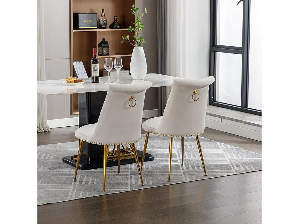 Chaises modernes lot de 2 en velours doux avec assise et dossier beige pieds en métal doré