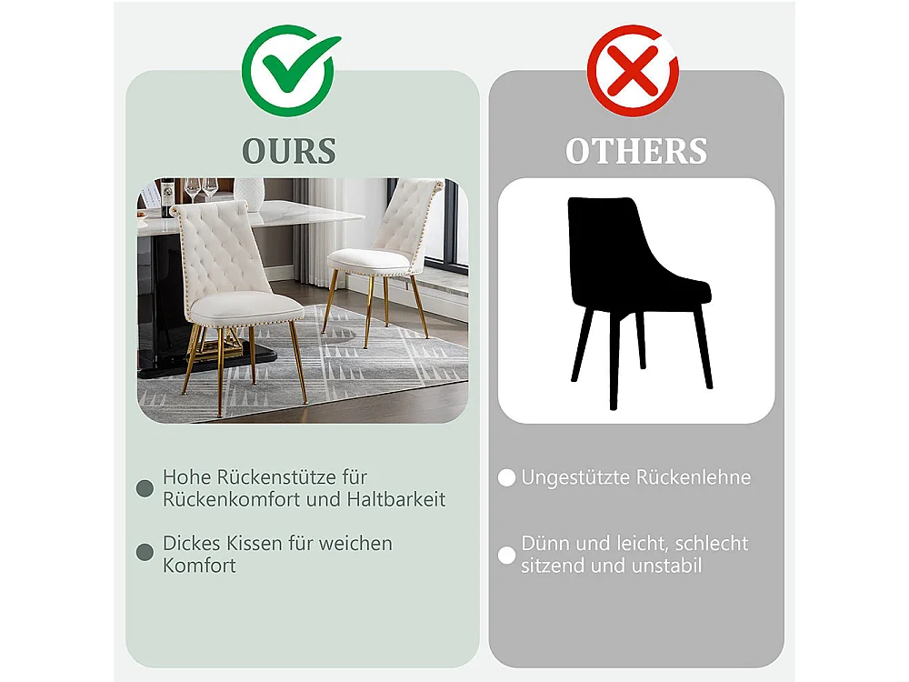 Chaises modernes lot de 2 en velours doux avec assise et dossier beige pieds en métal doré