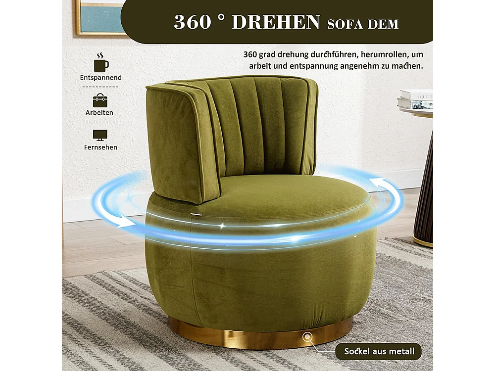 Chaise pivotante à 360 degrés ronde finition en velours doux dossier confortable structure solide vert olive
