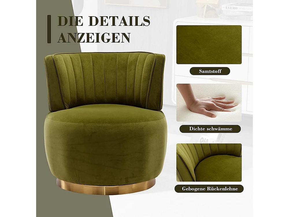 Chaise pivotante à 360 degrés ronde finition en velours doux dossier confortable structure solide vert olive