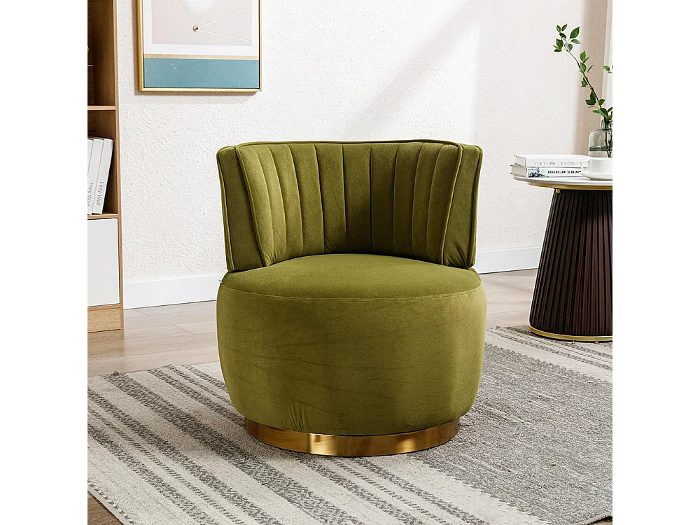 Chaise pivotante à 360 degrés ronde finition en velours doux dossier confortable structure solide vert olive