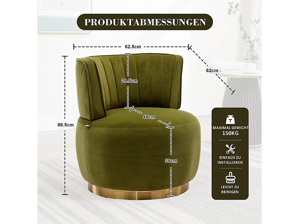 Chaise pivotante à 360 degrés ronde finition en velours doux dossier confortable structure solide vert olive