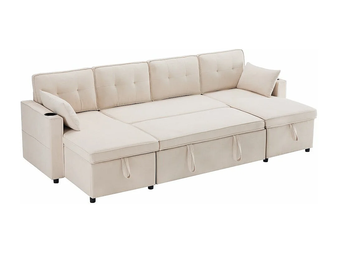 Canapé avec fonction couchage canapé en U tissus en coton et lin avec porte-gobelets deux espaces de rangement Beige