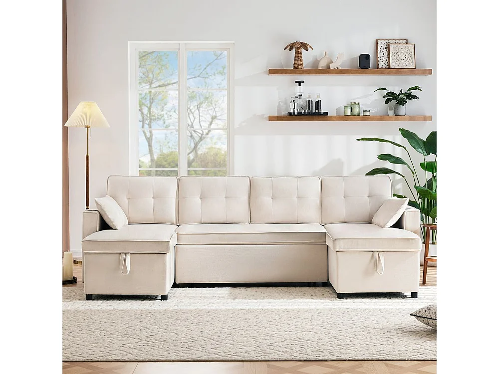 Canapé avec fonction couchage canapé en U tissus en coton et lin avec porte-gobelets deux espaces de rangement Beige