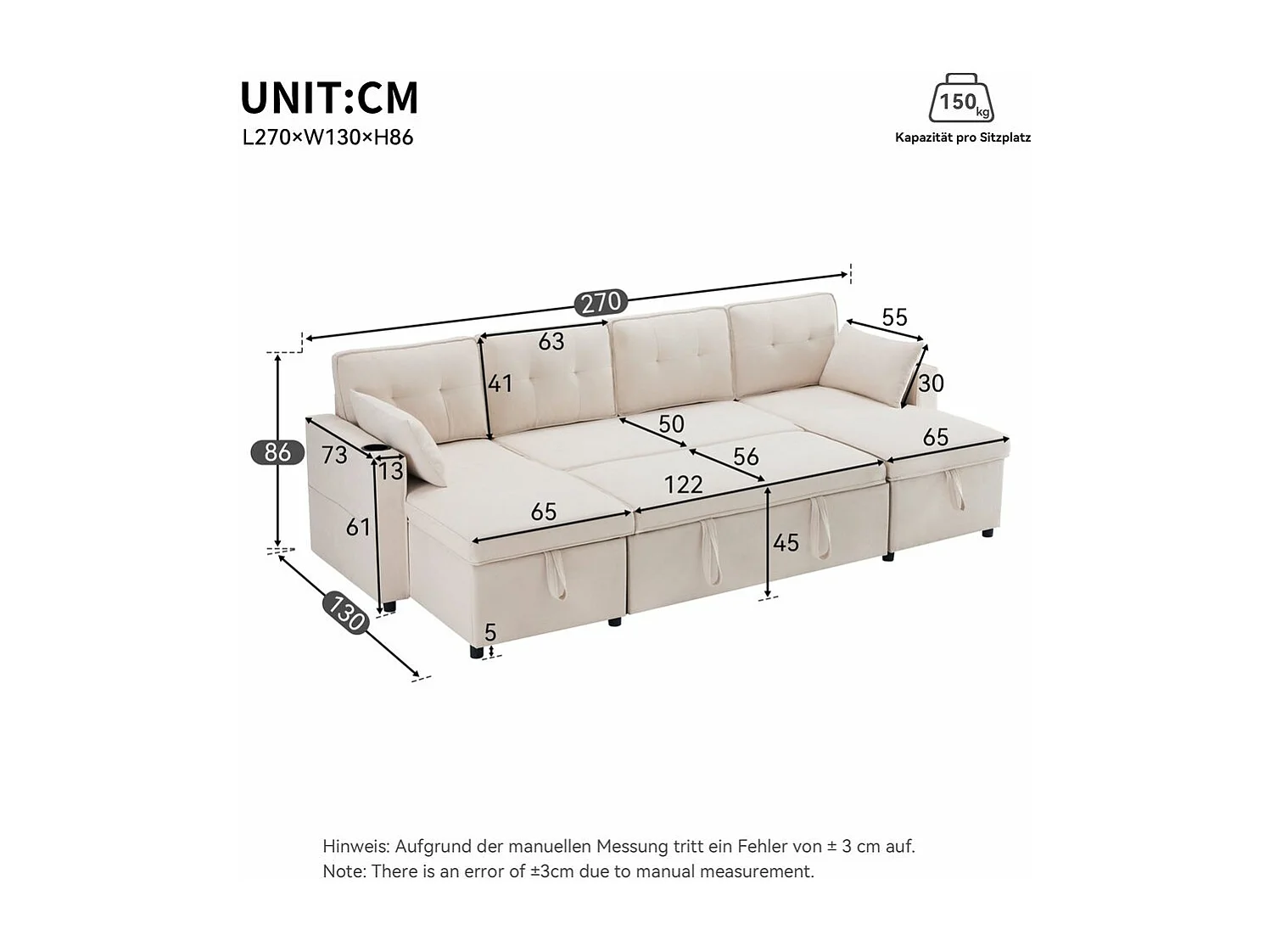 Canapé avec fonction couchage canapé en U tissus en coton et lin avec porte-gobelets deux espaces de rangement Beige