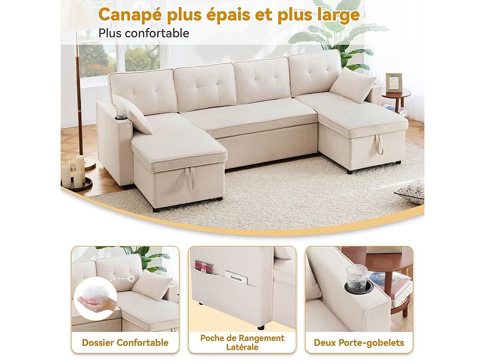 Canapé avec fonction couchage canapé en U tissus en coton et lin avec porte-gobelets deux espaces de rangement Beige