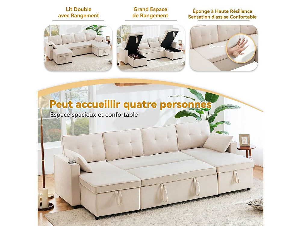 Canapé avec fonction couchage canapé en U tissus en coton et lin avec porte-gobelets deux espaces de rangement Beige