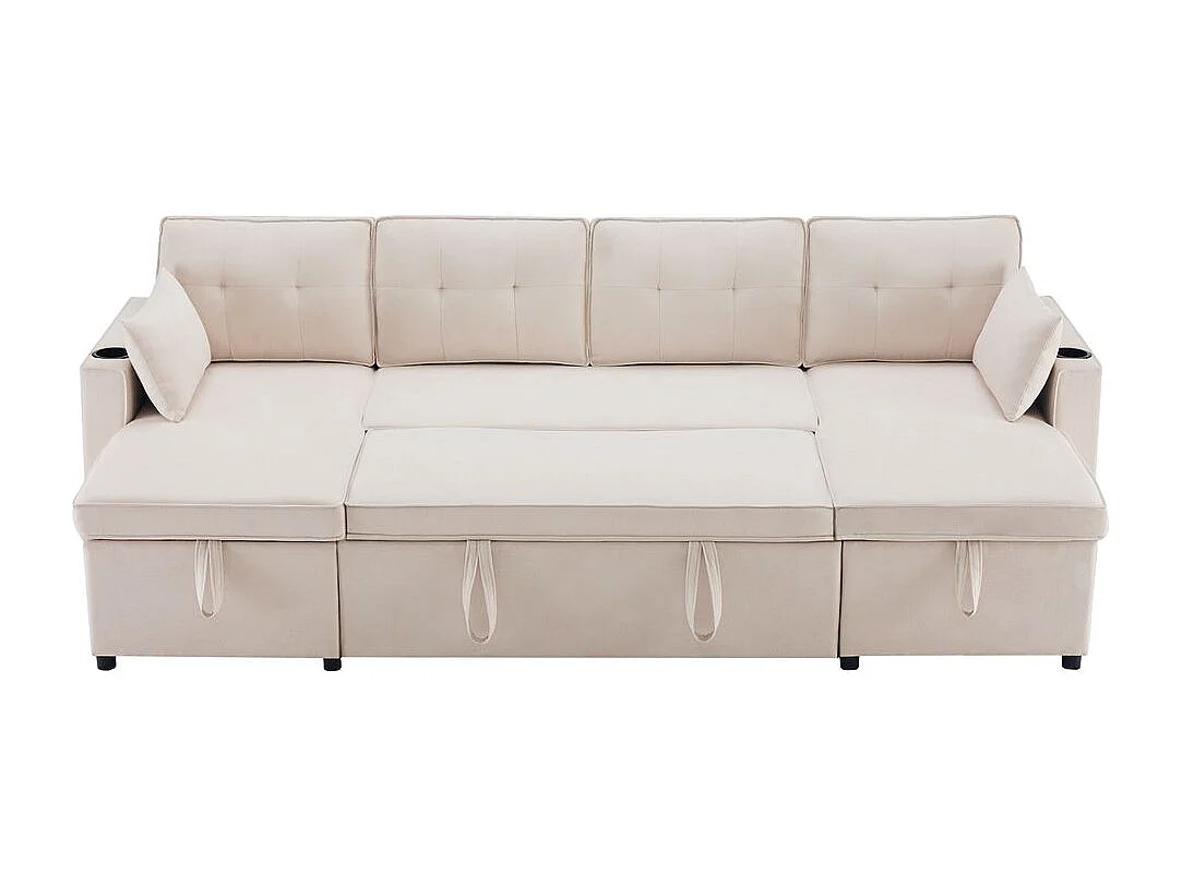 Canapé avec fonction couchage canapé en U tissus en coton et lin avec porte-gobelets deux espaces de rangement Beige