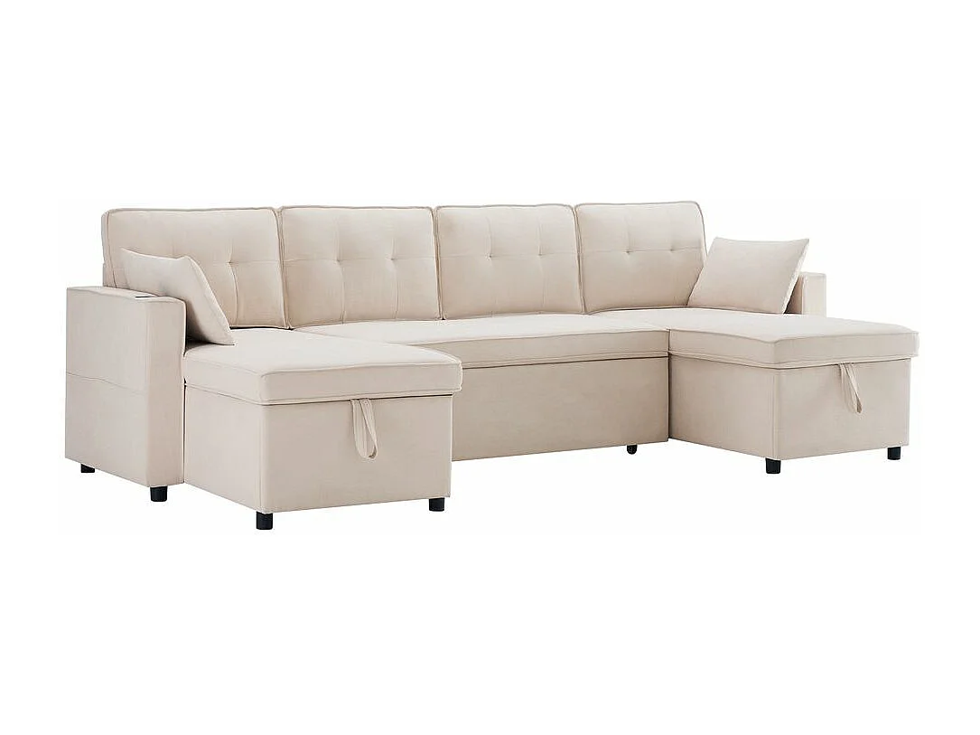 Canapé avec fonction couchage canapé en U tissus en coton et lin avec porte-gobelets deux espaces de rangement Beige