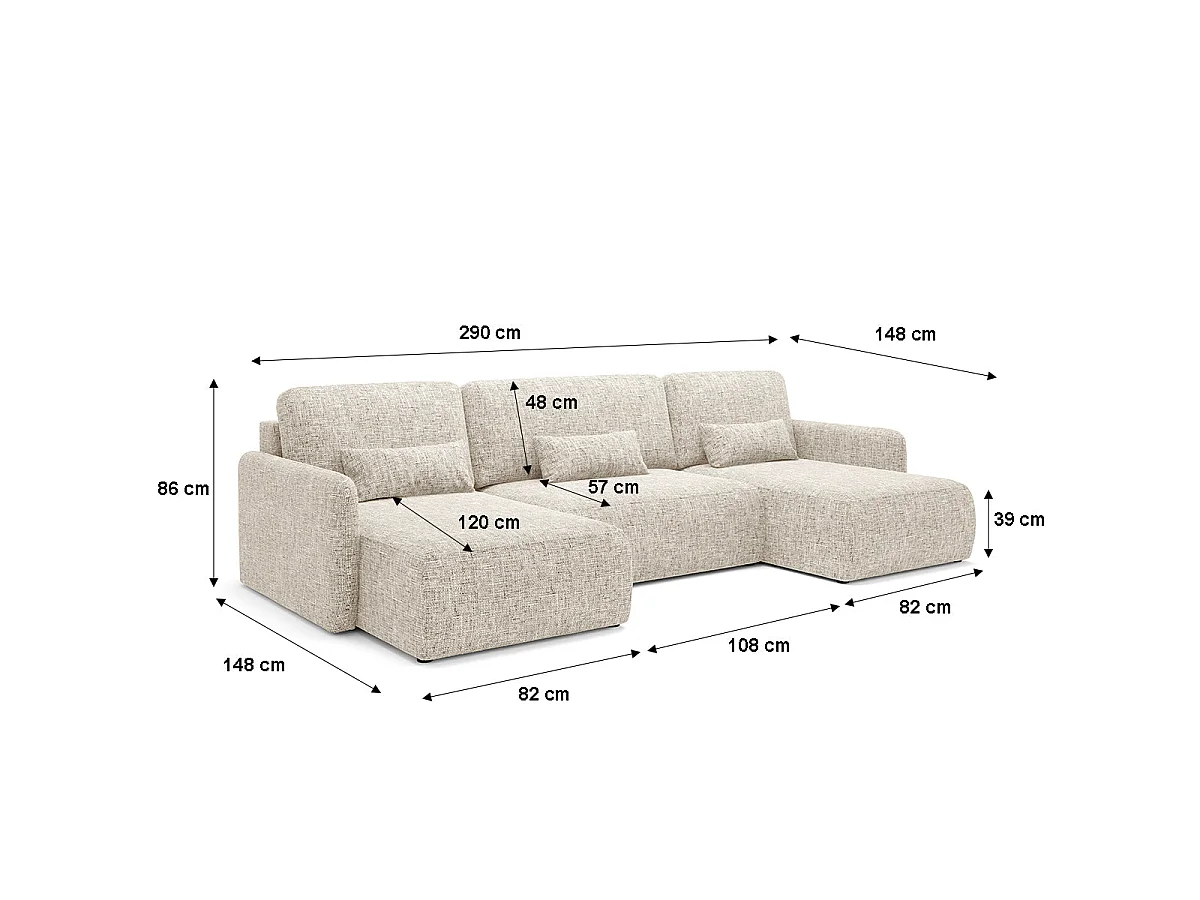 Canapé convertible 4 places avec coffre en tissu gris clair