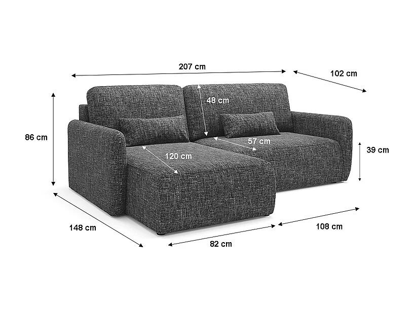 Canapé d'angle réversible et convertible 3 places avec coffre Lazare Gris foncé