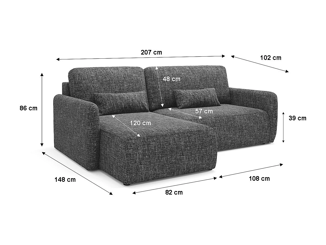 Canapé d'angle réversible et convertible 3 places avec coffre Lazare Gris foncé