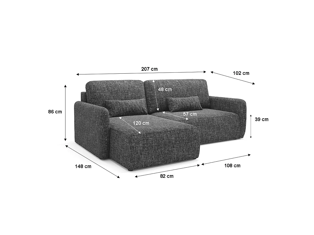 Canapé d'angle convertible 3 places en tissu gris foncé LAZARE