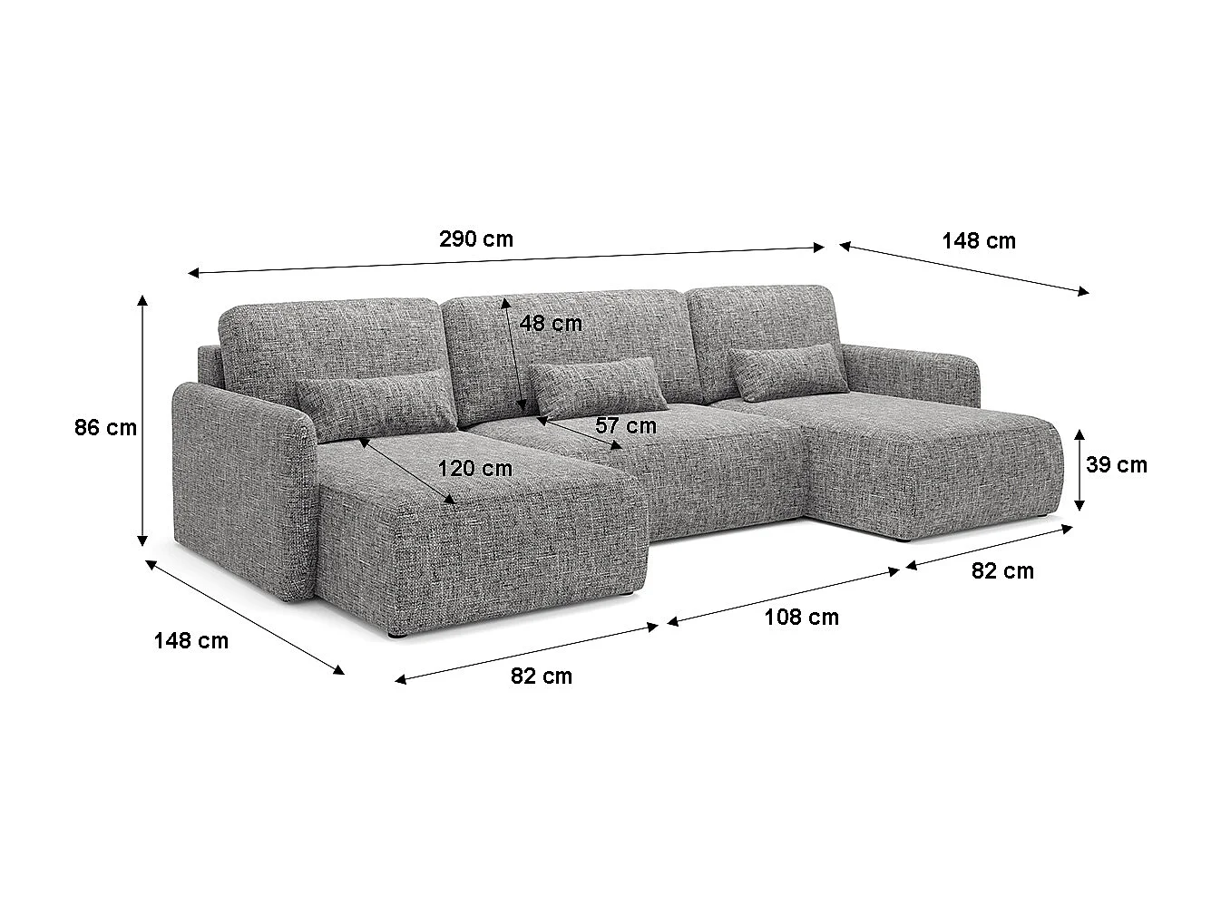 Canapé U convertible 4 places avec coffre Lazare Gris