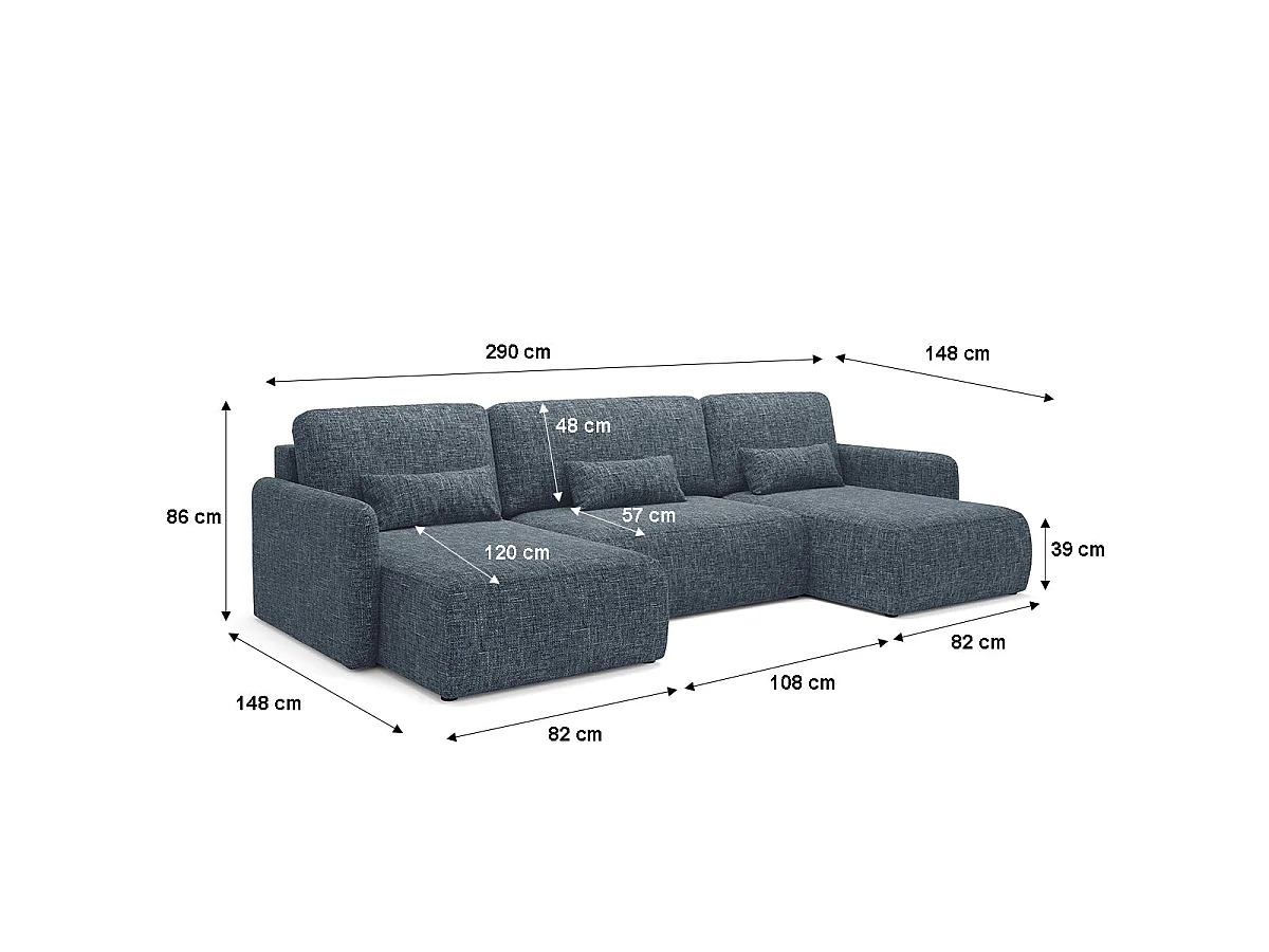 Canapé convertible 4 places avec coffre en tissu bleu LAZARE