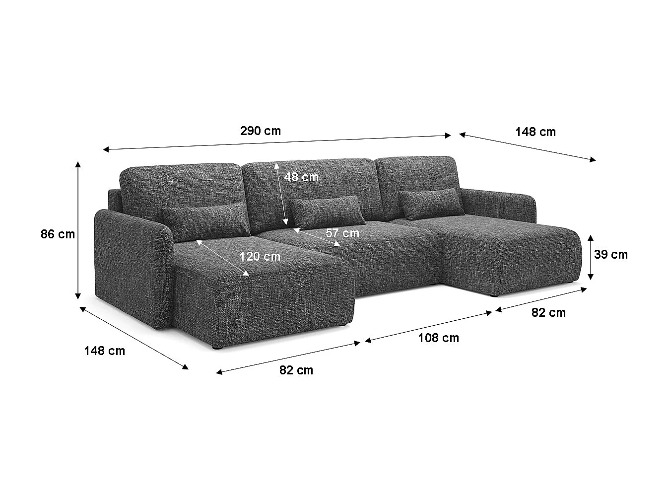Canapé U convertible 4 places avec coffre Lazare Gris foncé
