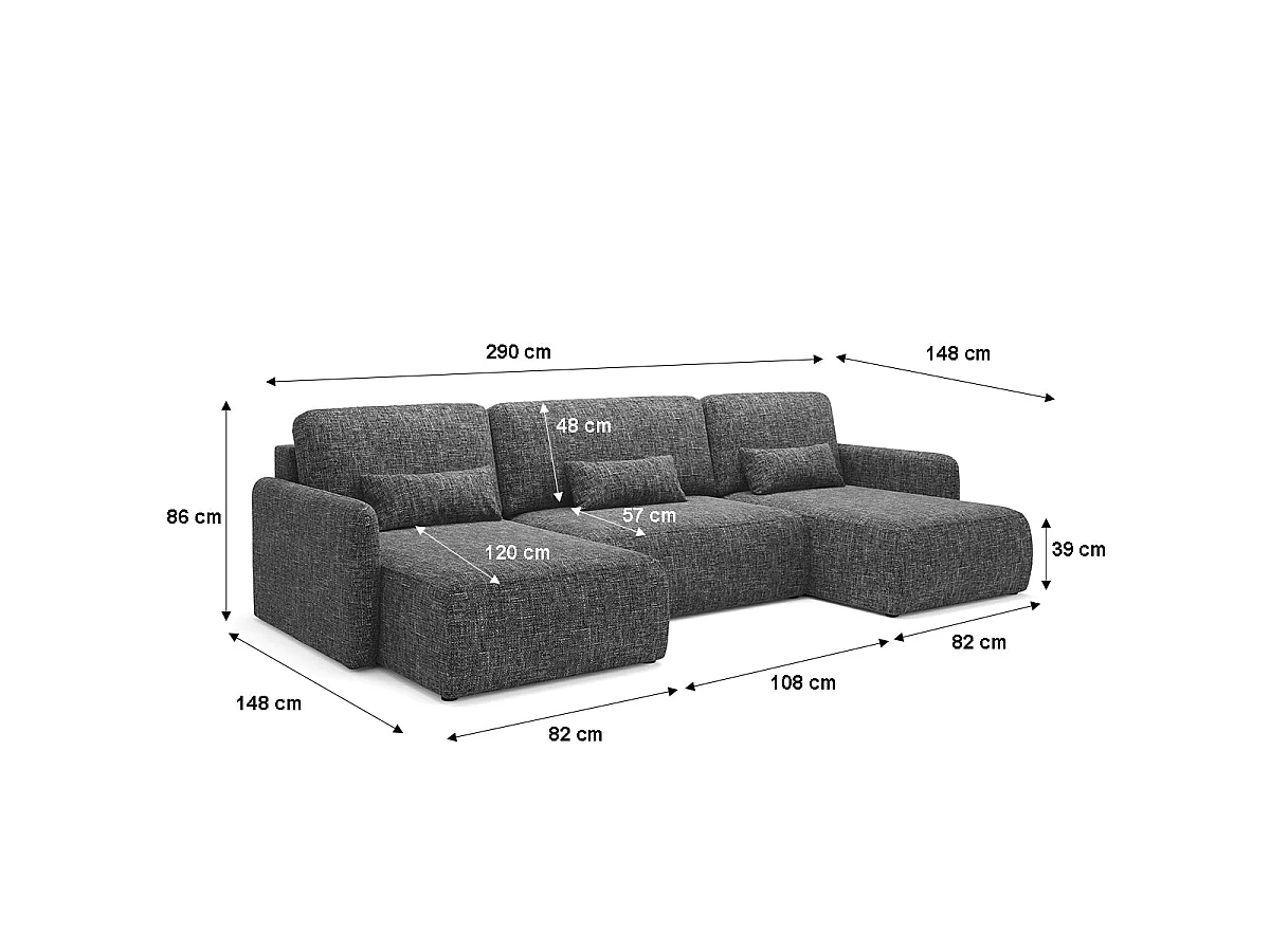 Canapé convertible 4 places avec coffre en tissu gris anthracite