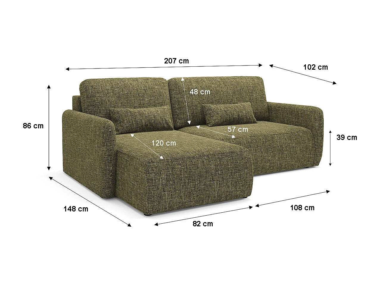 Canapé d'angle réversible et convertible 3 places avec coffre Lazare Vert