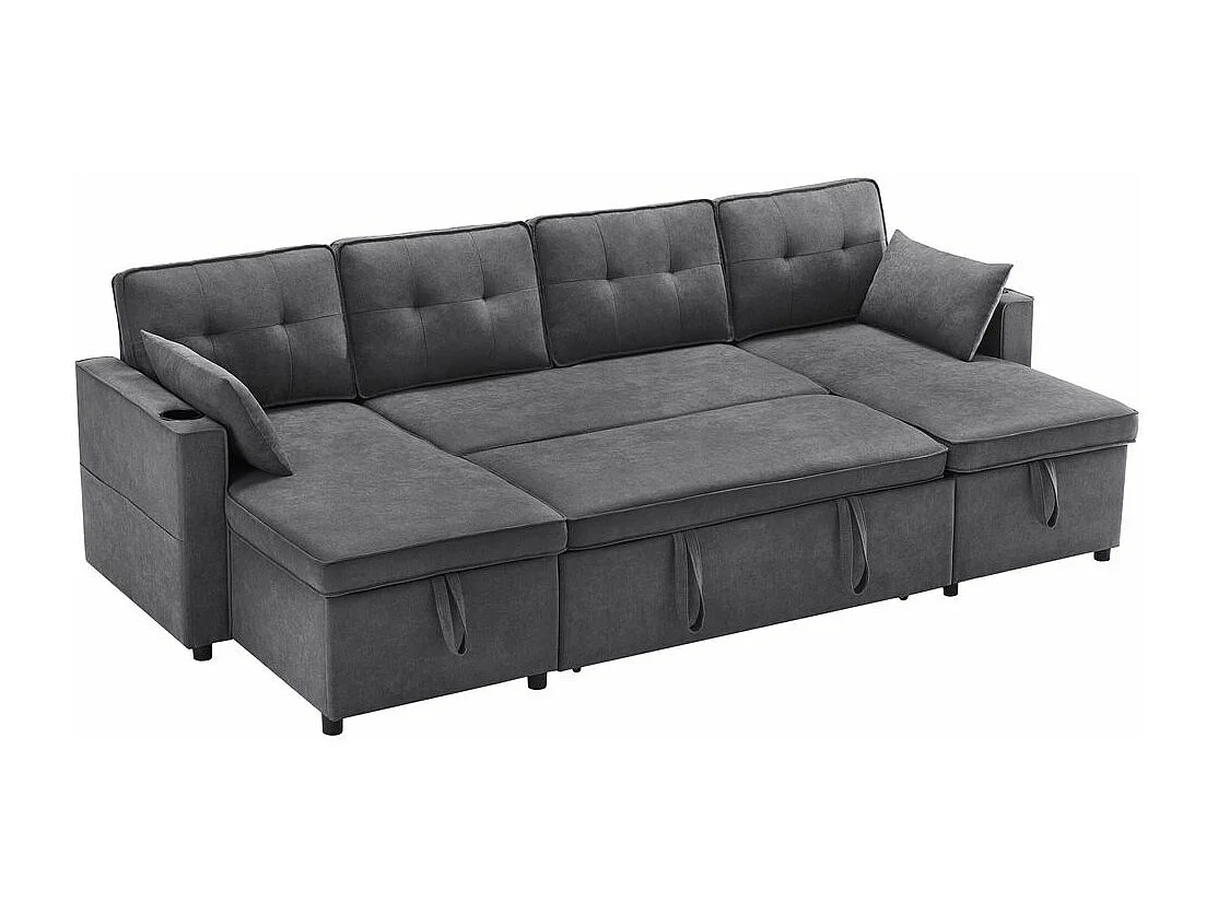 Canapé avec fonction couchage canapé en U tissus en coton et lin avec porte-gobelets deux espaces de rangement Gris