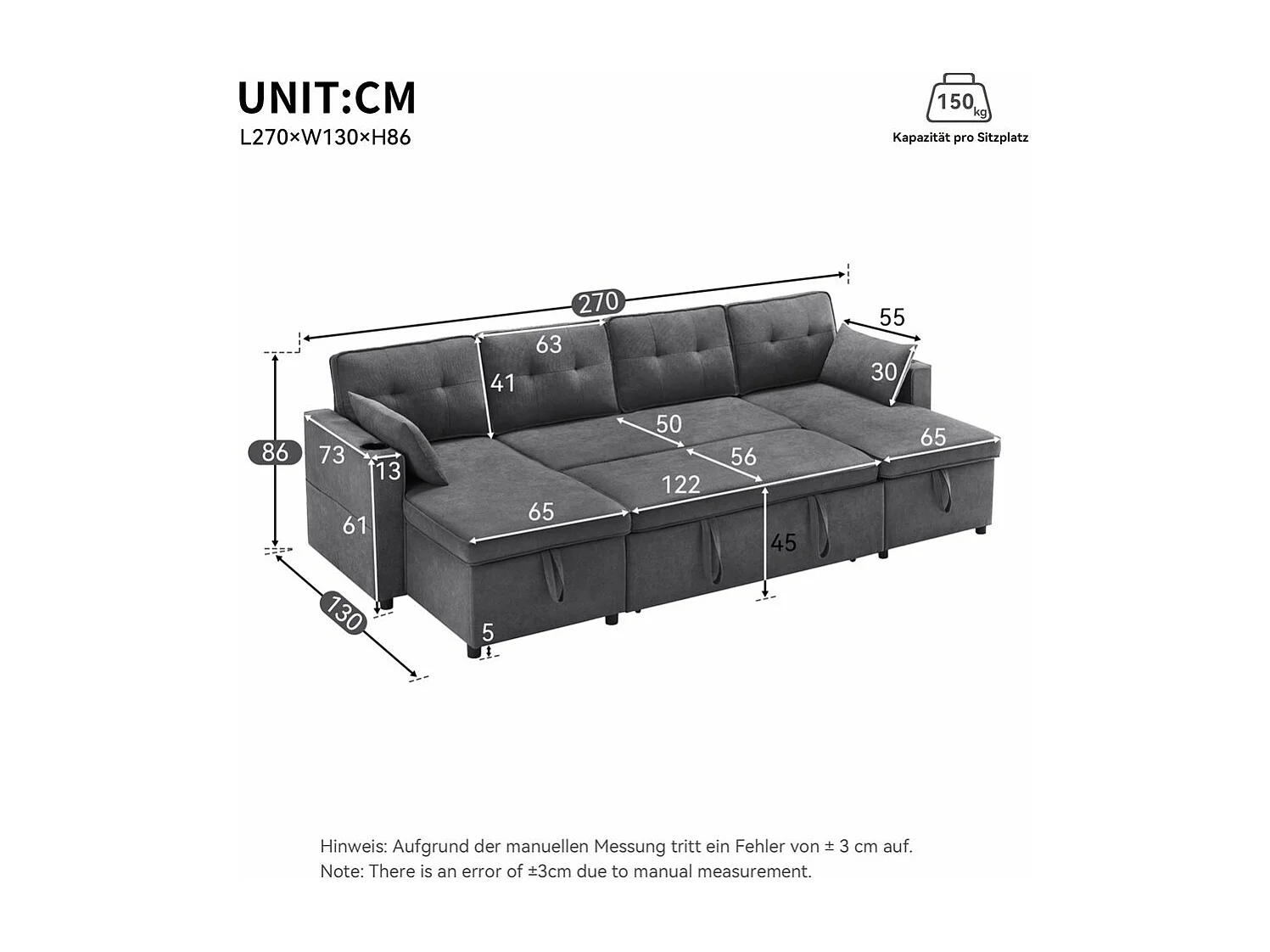 Canapé avec fonction couchage canapé en U tissus en coton et lin avec porte-gobelets deux espaces de rangement Gris