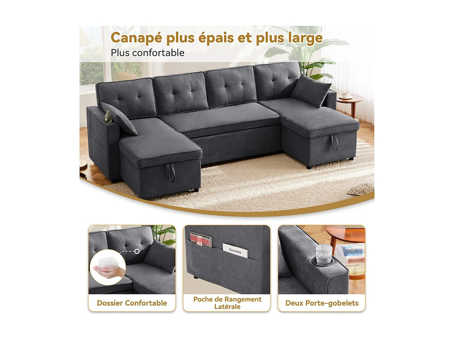 Canapé avec fonction couchage canapé en U tissus en coton et lin avec porte-gobelets deux espaces de rangement Gris