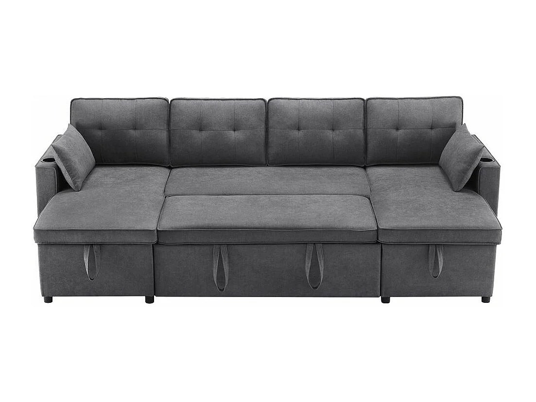 Canapé avec fonction couchage canapé en U tissus en coton et lin avec porte-gobelets deux espaces de rangement Gris