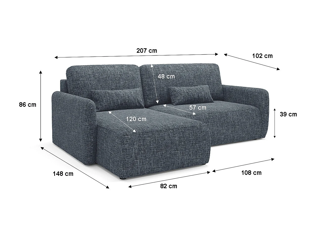 Canapé d'angle réversible et convertible 3 places avec coffre Lazare Bleu