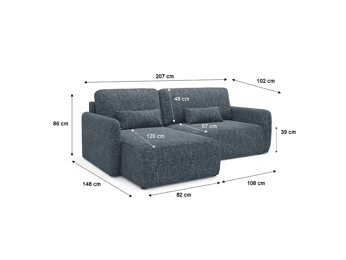 Canapé d'angle convertible 3 places avec coffre en tissu bleu