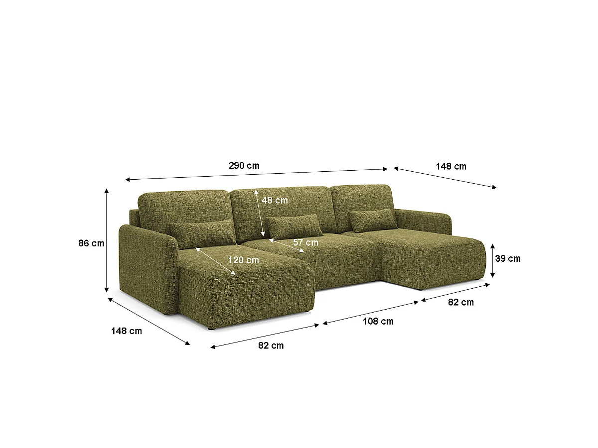 Canapé convertible 4 places avec coffre en tissu vert LAZARE