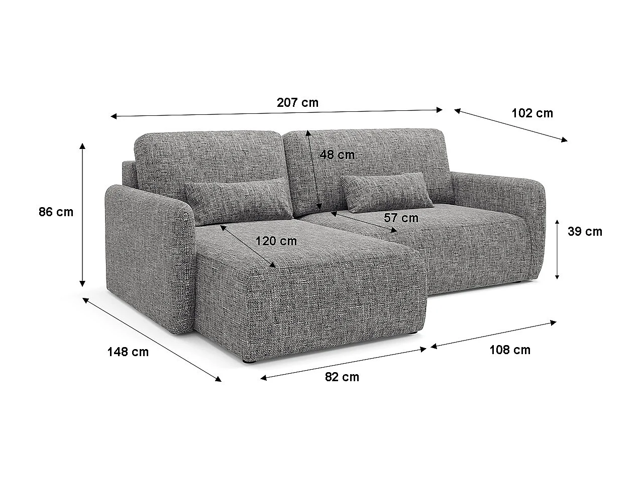 Canapé d'angle réversible et convertible 3 places avec coffre Lazare Gris