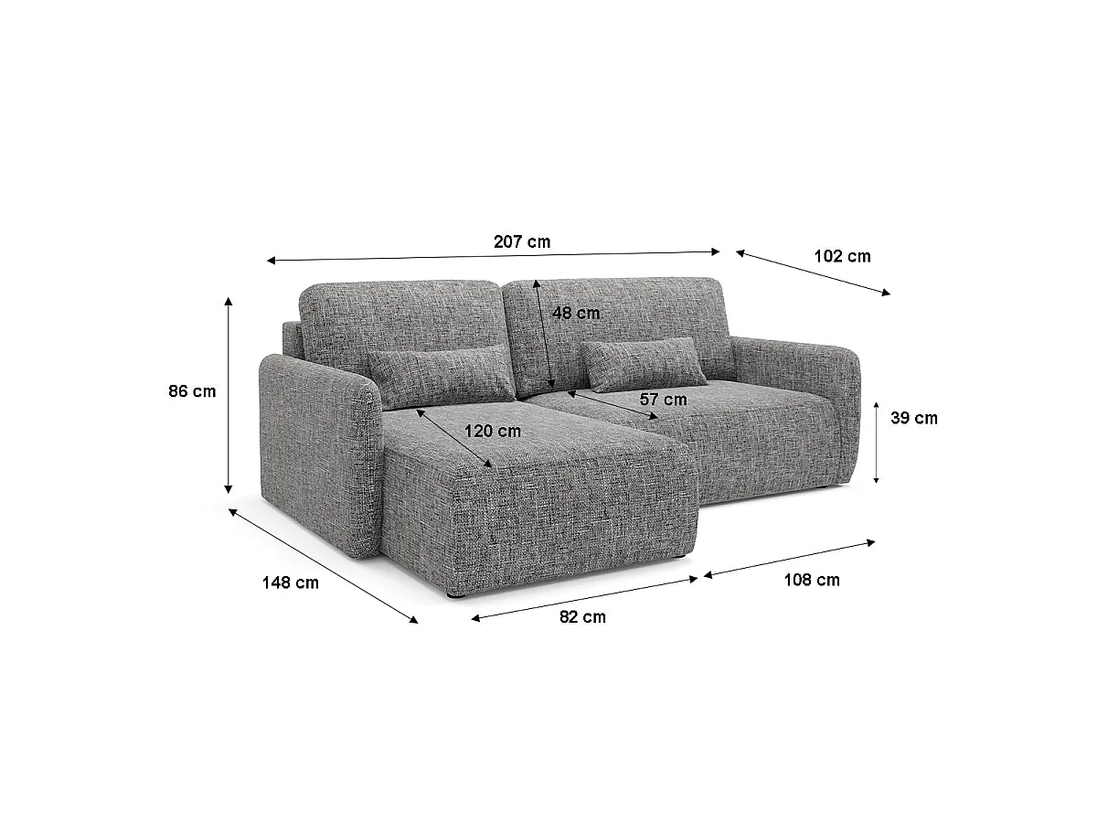 Canapé d'angle convertible 3 places avec coffre en tissu gris