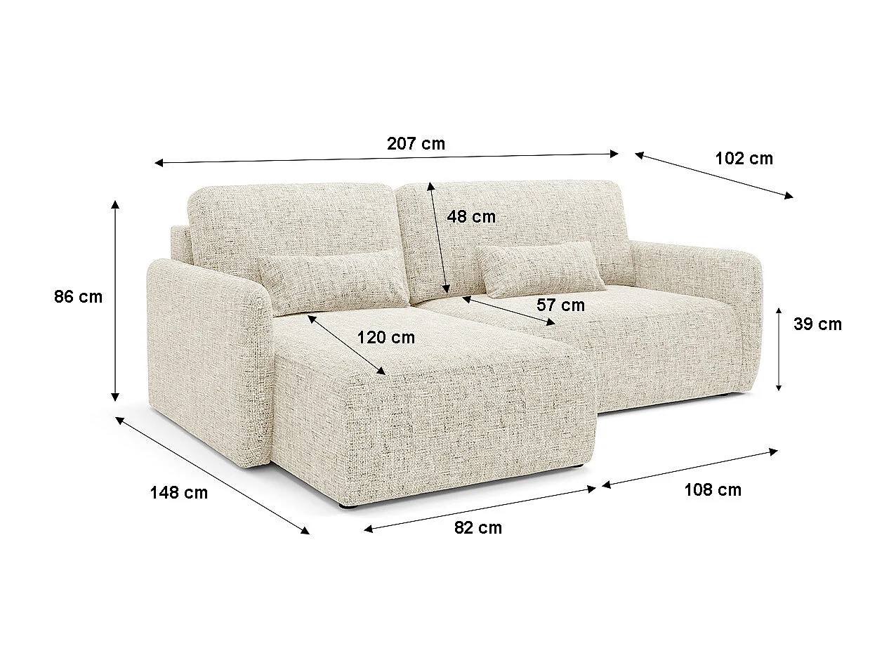 Canapé d'angle réversible et convertible 3 places avec coffre Lazare Blanc cassé