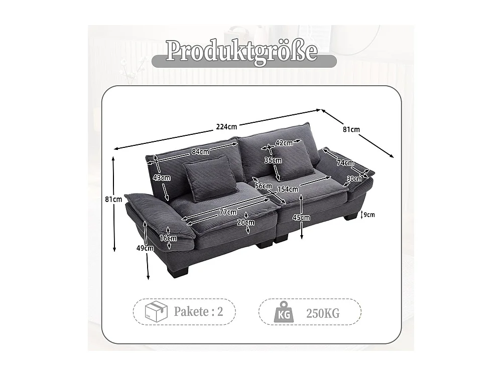 Canapé droit double moderne avec un matelas un coussin suffisant confortable mais spacieux gris foncé
