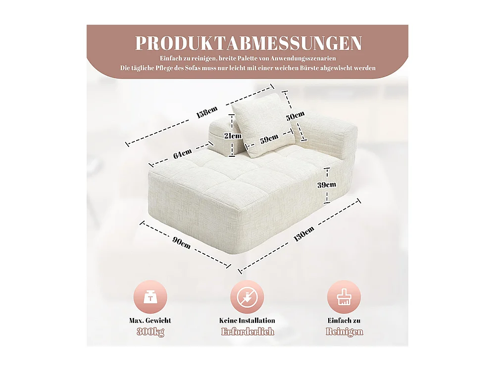 Canapé 1 places sans installation en chenille avec chaise longue accoudoirs coussin et poche latérale pour télécommande couleur beige