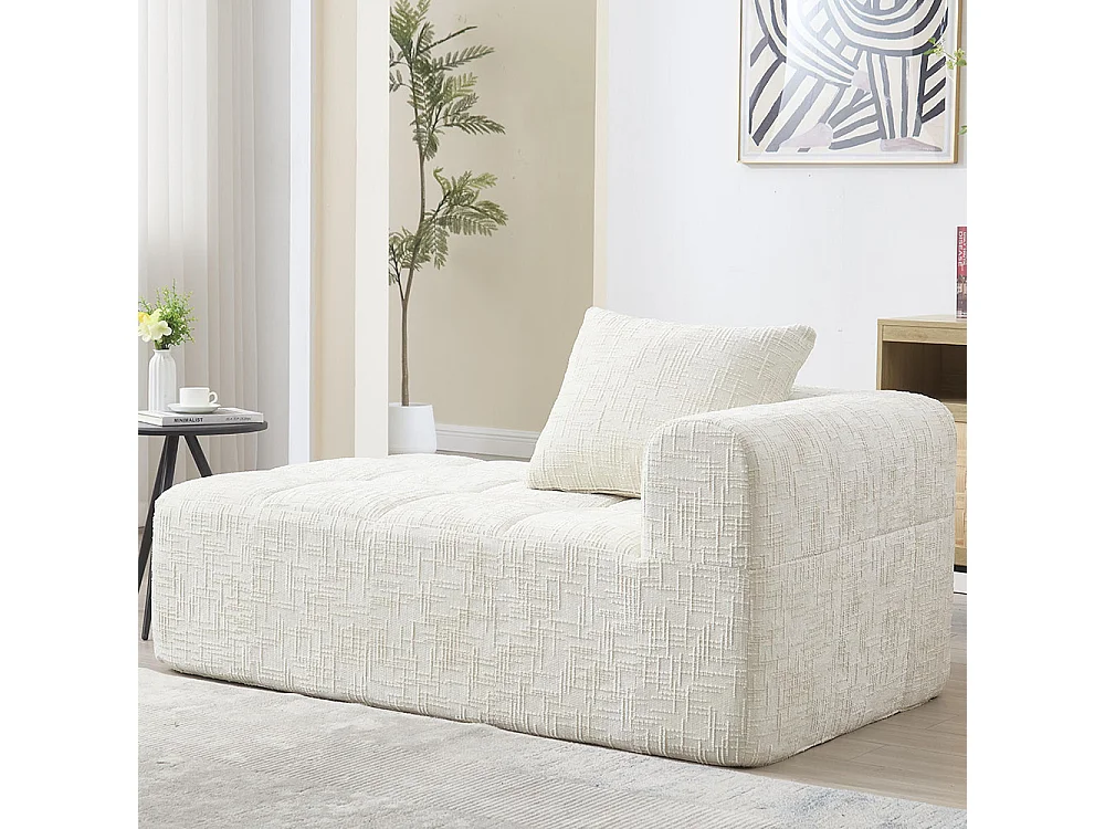 Canapé 1 places sans installation en chenille avec chaise longue accoudoirs coussin et poche latérale pour télécommande couleur beige