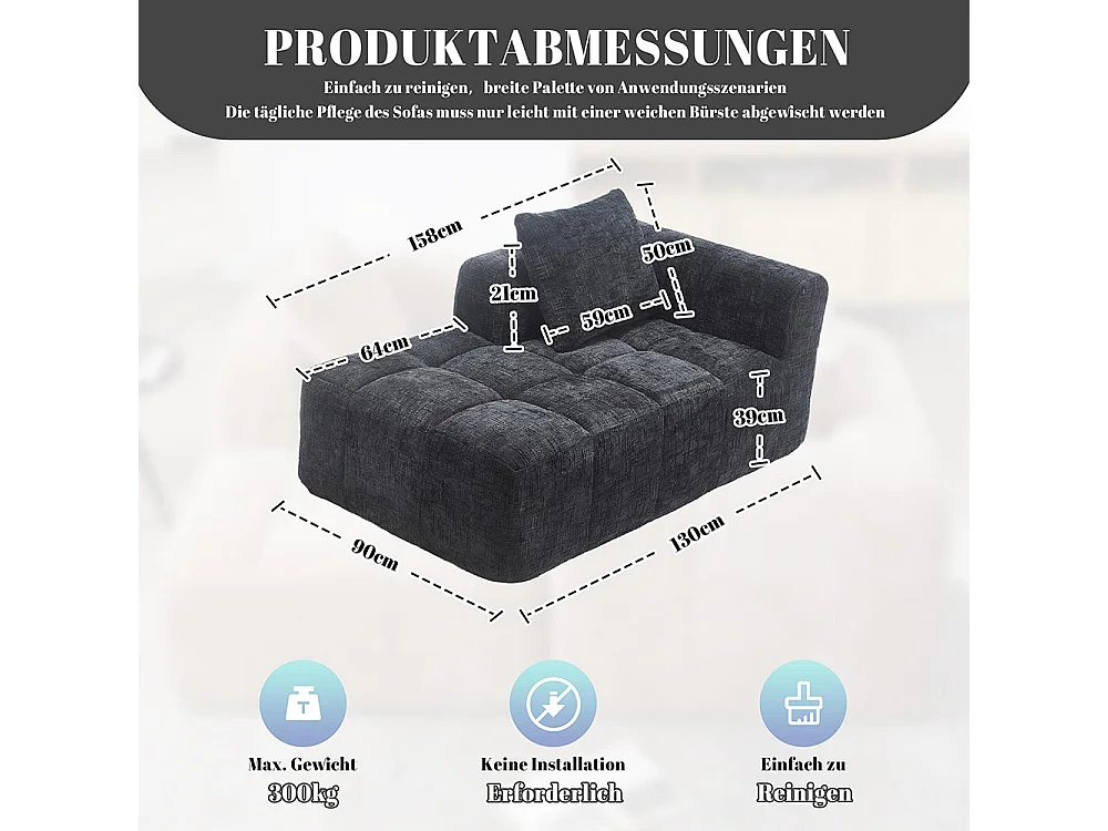 Canapé 1 places sans installation en chenille avec chaise longue accoudoirs coussin et poche latérale pour télécommande couleur noir